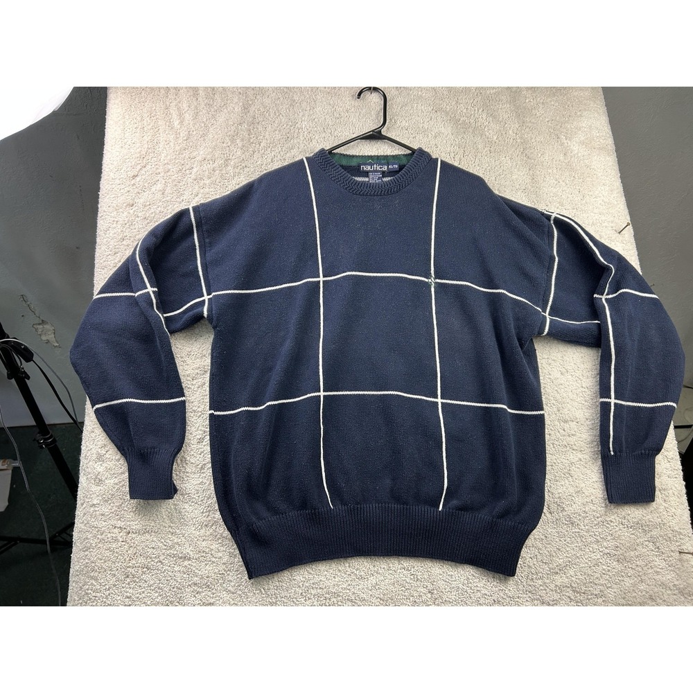 Nautica Sweater Mens XL Navy Blue Windowpane Crewneck Cotton Knit Pullover